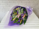 pure seed bq310 pink lilies & purple/white eustomas hand bouquet in purple wrappers