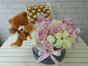 pure seed td434 white roses & pink hydrangeas flower box with teddy plush & a box of ferrero rocher chocolates