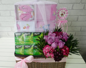 pure seed nb091 + Roses and Sweet William, 1 x set of baby clothing and 6 x Chicken Essence + new born arrangement