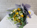 pureseed bq858 + Roses, Eustomas, Ping Pong and Eucalyptus Leaves + hand boquuet