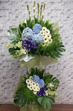 pureseed sy150 + hydrangeas, eustomas, gerberas, tuberoses + sympathy stand