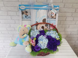 pure seed nb042 +  Hydrangeas, 10 Eustomas, baby clothing, musical soft toy + new born arrangement