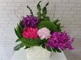 pure seed bk469 purple orchids + hot pink roses + pastel pink hydrangeas flower basket