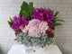 pure seed bk845 orchids + roses + hydrangeas + sweet williams + silver leaves flower arrangement