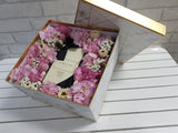 pureseed bk059 + hydrangeas, baby breath, eustomas + jo malone flower box arrangement