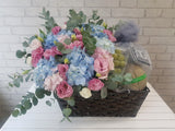 pure seed fr158 + Hydrangeas, Eustomas, Eucalyptus leaves & Fresh Fruits basket