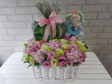 pure seed nb155 + Eustomas, Hydrangeas, with 1 Rattle and  6 bottles of Brands Chicken Essence + new born arrangement
