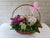 pure seed bk422 orchids + eustomas + hydrangeas with red berries & foliage flower basket