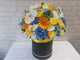 pure seed bk932 white orchids + white eustomas + blue hydrangeas + yellow roses + orange gerberas flower box