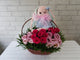 pure seed nb065 +  Roses+ 10 Eustomas, soft toy + new born arrangement