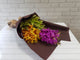 pure seed bq445 yellow & purple orchid hand bouquet in brown wrapper
