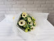 pure seed bq472 white gerberas + white eustomas + euphorbia leaves hand bouquet in white wrappers