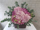 pure seed bk764 hydrangeas + roses + eustomas + matthiolas + eucalyptus leaves flower basket
