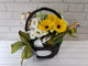 pure seed wn031 yellow gerberas & white eustomas flower basket with 1 bottle premium white wine & 1 box ferrero rocher chocolate