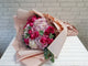 pure seed bq657 hot pink roses + pink hydrangeas + pink eustomas + eucalyptus leaves flower bouquet