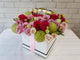 pure seed bk391 10 roses + 10 eustomas + fruitcasa flower box with a box of ferrero rocher chocolates