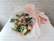 pure seed bq687 pastel colored roses, eustomas & trachymene with eucalyptus leaves hand bouquet