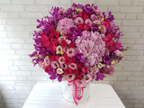 pure seed bk936 huge pastel pink hydrangeas + hot pink roses + pink eustomas + purple orchids flower box