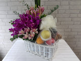 pure seed fr103 + Mokara Orchids, 5 Cymbidium orchids with mixture of local tropical fruits basket