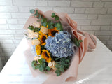 pure seed bq717 5 sunflowers + 10 roses + 2 hydrangeas + eucalyptus leaves hand bouquet