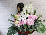 Matthiola & Hydrangeas Flower Basket -BK041