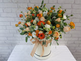 pure seed bk047 10  champagne roses + 20 orange ranunculus + white eustomas + lace flower + silver dollar leaves flower box