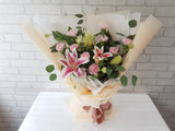 pure seed bk042 + Carnations,  lilies, Lace Flowers and Silver Dollar Leaves + table arrangement