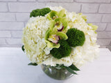 pure seed vs088 +  Roses, 3 Hydrangeas, Cymbidium Orchids,  and Green Trick  + vase arrangement