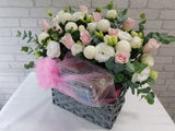 pureseed fr176 + 10 Roses, 10 Eustomas, 6 Ping Pong  and Fresh Fruits+ fruit and flower basket