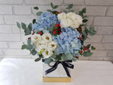 pureseed bk120 +  Eustomas, Hydrangeas, Red Berries and Eucalyptus Leaves + flower box arrangement