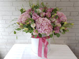 pureseed bk139 + Hydrangeas, 5 Eustomas, Thlaspi and Silver Dollar leaves + flower box