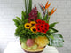 pure seed fr054 + birds of Paradise flowers, 3 Sunflowers, 8 Gerberas, 5 Orchids  & fresh fruits basket