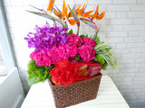 pure seed fr106 + Hydrangeas, 20 Roses, 10 Orchids and 5 Bird of Paradise with mixture of local tropical fruits basekt