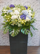 pureseed sy092 + hydrangeas, roses, eustomas, + sympathy stand