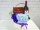 pure seed wn032 blue hydrangea & purple eustomas flower box with 1 bottle premium red wine & 1 box royce chocolate wafers