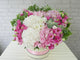 pure seed bk557 pink & white hued hydrangeas + roses + eustomas with euphorbia leaves large flower box