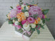 pure seed bk670 pink hydrangeas + champagne roses + white eustomas + eucalyptus leaves flower box
