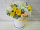 pure seed bk669 1 white hydrangea + 10 yellow & champagne roses + white eustomas + eucalyptus leaves flower box