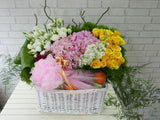 pure seed fr126 + Roses, Eustomas, Hydrangeas, Sweet William with mixture of tropical fruits basket