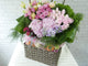 pure seed fr141 + Roses, Eustomas, Hydrangeas, Sweet William with a mixture of local tropical fruits basket