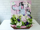 pure seed nb082 + Lily, Hydrangea and Eustoma with 1 baby clothing set + new born arrangement