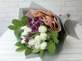 pure seed bq576 10 white roses + 10 purple tulips + caspia with leaves hand bouquet