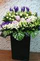 pureseed sy085 +  Hydrangeas, Eustomas and Gerberas,, lilies, matthiolas + sympathy stand
