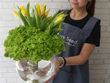 Vivid Yellow Tulip & Hydrangeas Vase - VS052